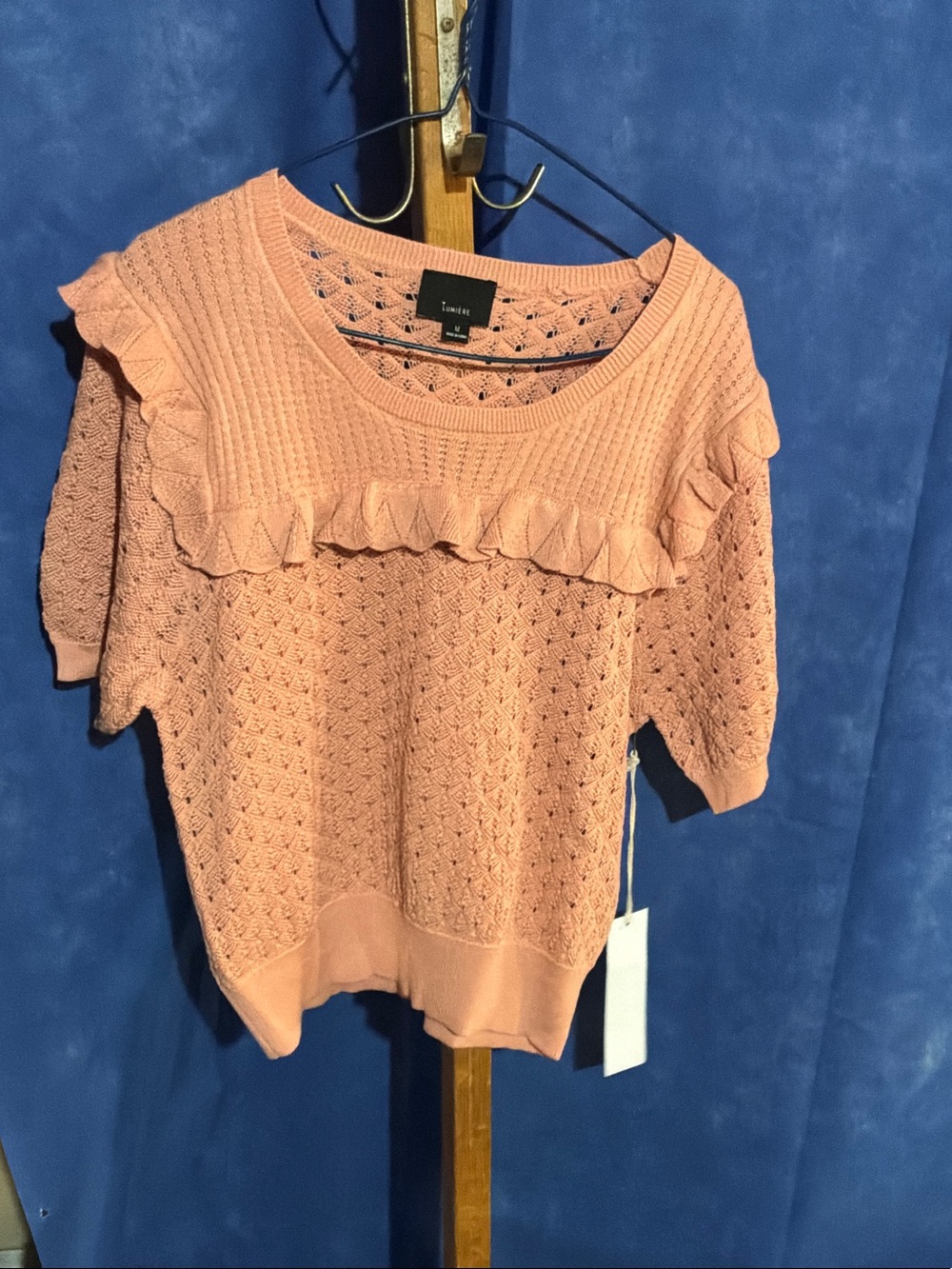 Lumiere Peach Ruffle Detail Short Sleeve Knit Sweater